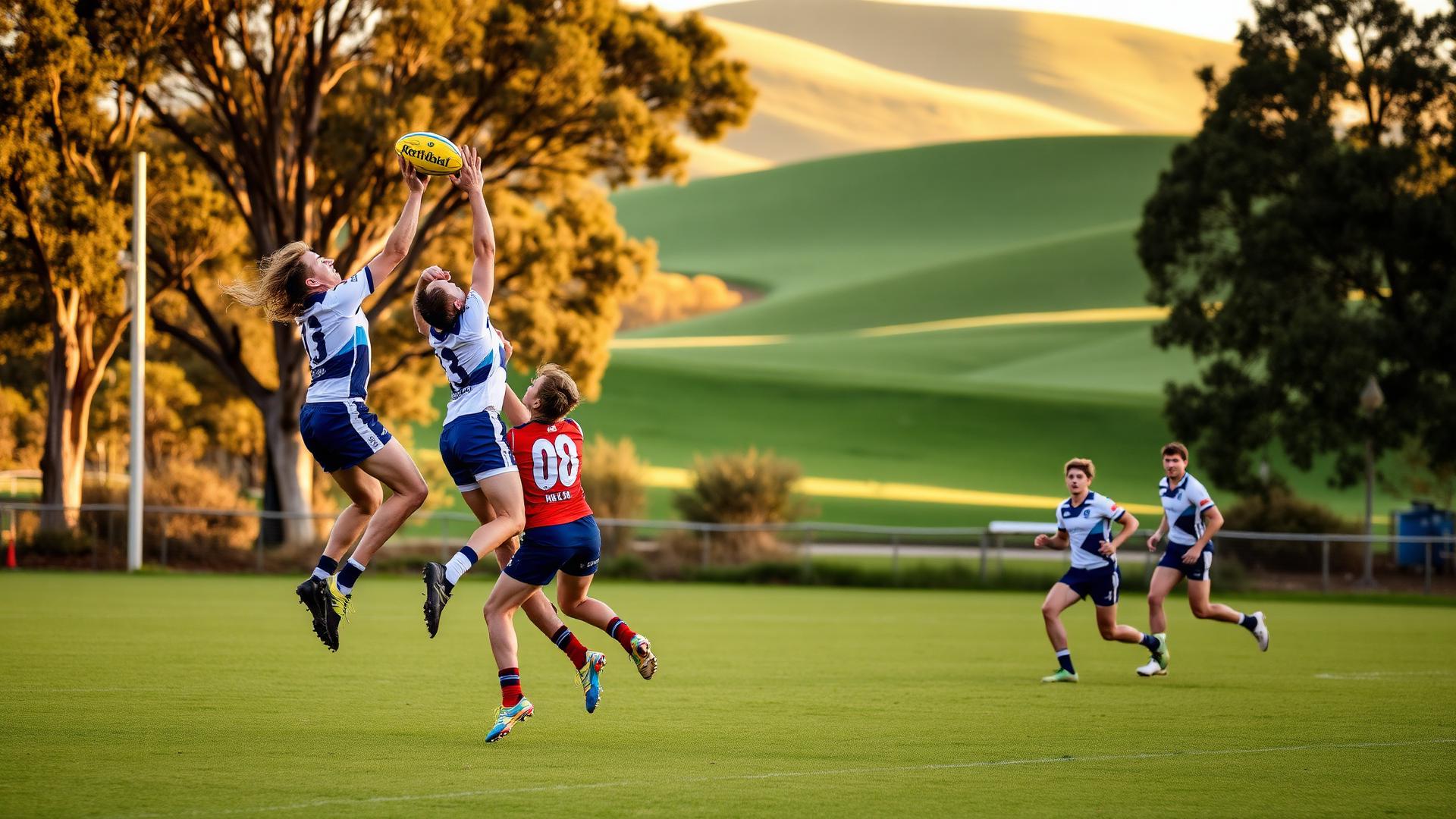Players contesting a mark at a Hills Football League match
