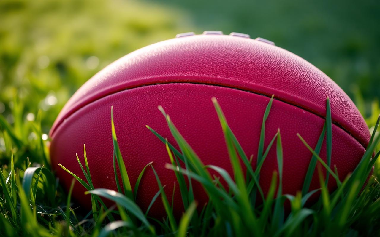 A football resting on grass in the morning light