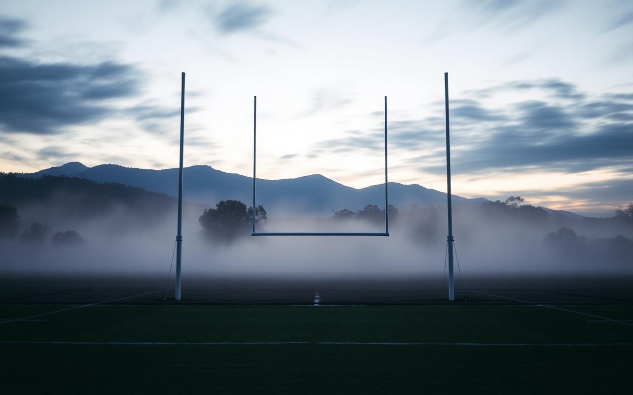 Goal posts on a misty Adelaide Hills football oval at dawn